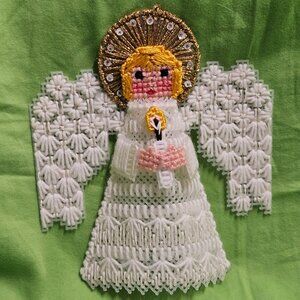 Vtg Angel Tree Topper Plastic Canvas Needlepoint Sparkle Yarn & Sequins Decor